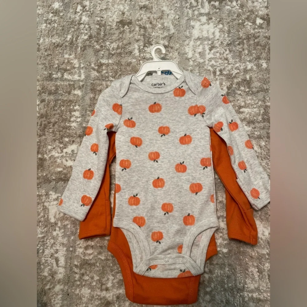 Carter's Pumpkin Orange My First Halloween Bodysuit set of 2 size 3M -NWT